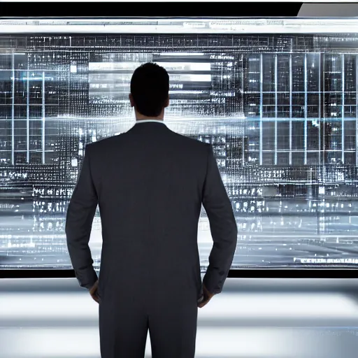 Prompt: a man in gray corporate suit standing in dark in front of supercomputer with many monitors and displays, on one of the monitors the skynet logo, photorealistic, highly detailed, 4 k, hd