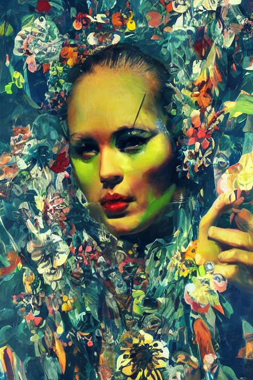 Image similar to cyberpunk girl vintage, style wrapped in flowers and wired in the style of yayoi kusama, hyperrealism with oil painting, by barry lyndon ultra detailed high resolution, 8 0 s print sci fi art