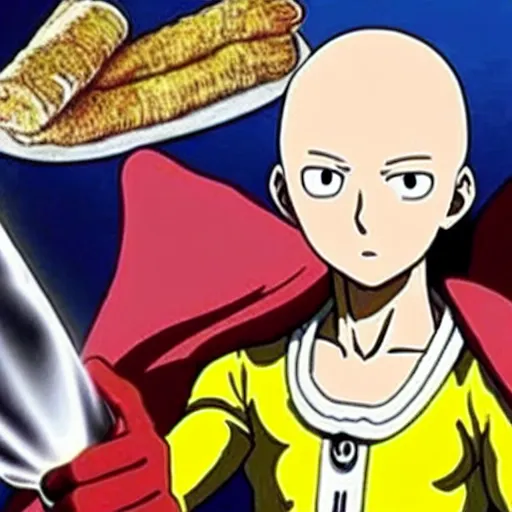 Image similar to saitama one punch man cooking french baguette