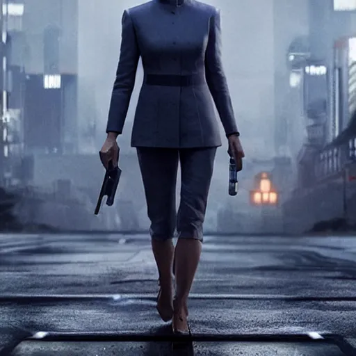 Image similar to House of cards actress Claire Underwood in a cyberpunk suit, walking alone in an empty futuristic city road, artstation, digital art, trending, 8k