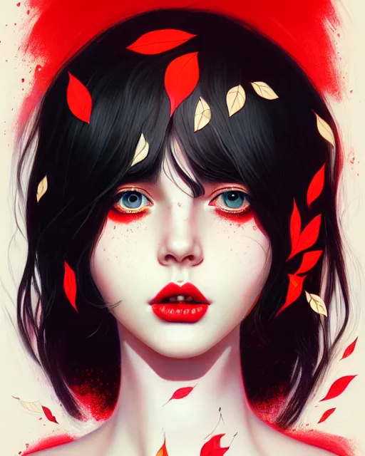 Image similar to highly detailed beautiful pale skin hippie, black hair, flying leaves on backround, symmetrical, red lips, paint by ilya kuvshinov and anna dittman trending on artstation, intricate details, energetic composition, golden ratio, concept art, illustration, elegant art