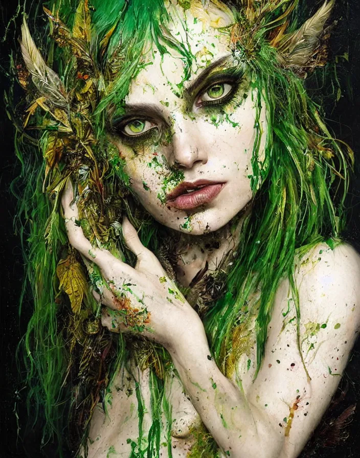 Image similar to a splatterpunk portrait of a gorgeous woman with eldritch woven hair and green and gold twigs and feathers for hair, with green glossy lips, hyperrealistic, award-winning, in the style of Tom Bagshaw, Cedric Peyravernay