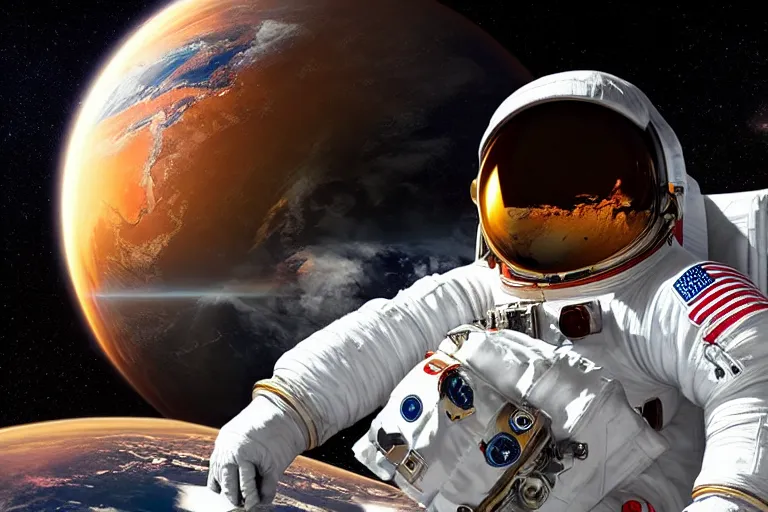 Image similar to astronaut in space wearing a spacesuit floating, earth explosion in background, highly detailed, photorealistic portrait, bright studio setting, studio lighting, crisp quality and light reflections, unreal engine 5 quality render