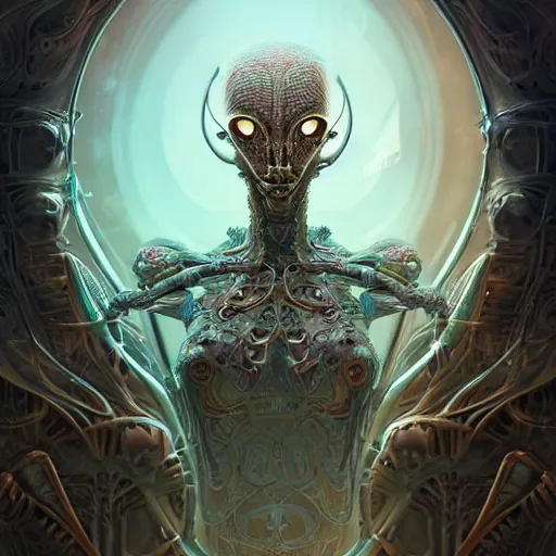 Image similar to a highly detailed photographic portrait of an alien, biomechanical sculpture, mandelbrot fractal, intricate, elegant, ornate, elegant, luxurious, beautifully lit, ray traced, octane 3D render in the style of Peter Mohrbacher and Peter Gric