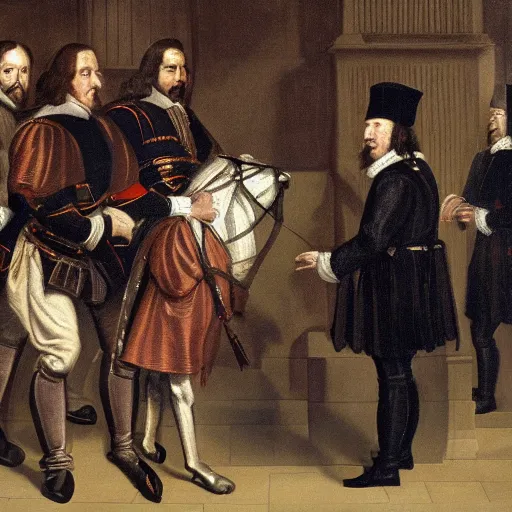 Image similar to Oliver Cromwell being arrested in Parliament by King Charles I painting 4K details