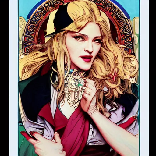 Image similar to madonna perfect coloring, low saturation, epic composition, masterpiece, bold complimentary colors. stunning masterfully illustrated by artgerm, range murata, alphonse mucha, katsuhiro otomo