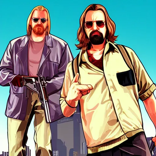 Prompt: GTA 5 illustration loading screen art of The Dude in The Big Lebowski (1998)