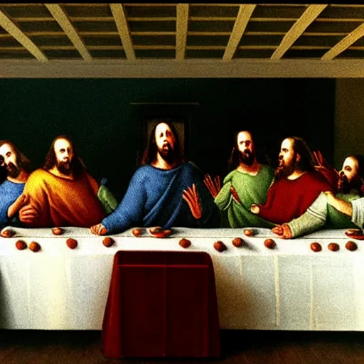 Image similar to nic cage in the last supper as painted by george w bush
