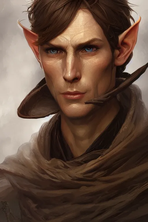 Image similar to up close portrait of a male wood elf, d & d, face, fantasy, intricate, elegant, highly detailed, digital painting, artstation, concept art, smooth, sharp focus, illustration, art by artgerm and greg rutkowski and alphonse mucha