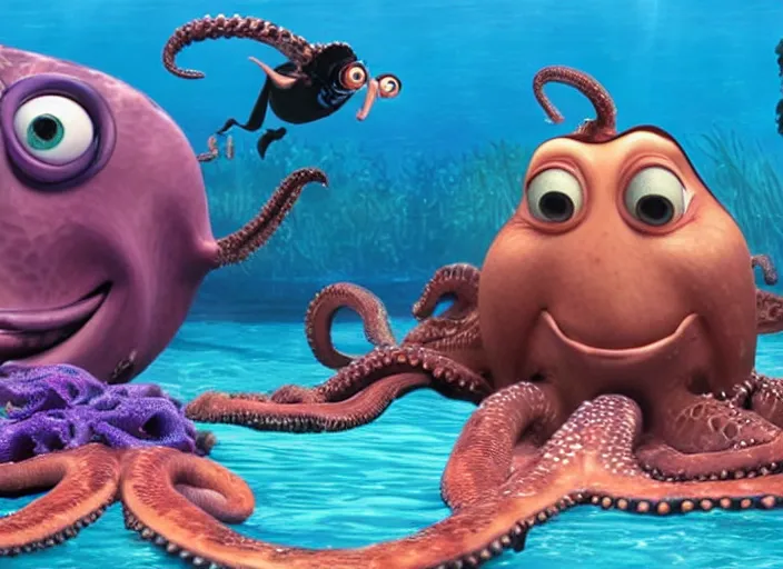 Image similar to film still of harry styles swimming with an octopus in the new finding nemo movie, 4 k