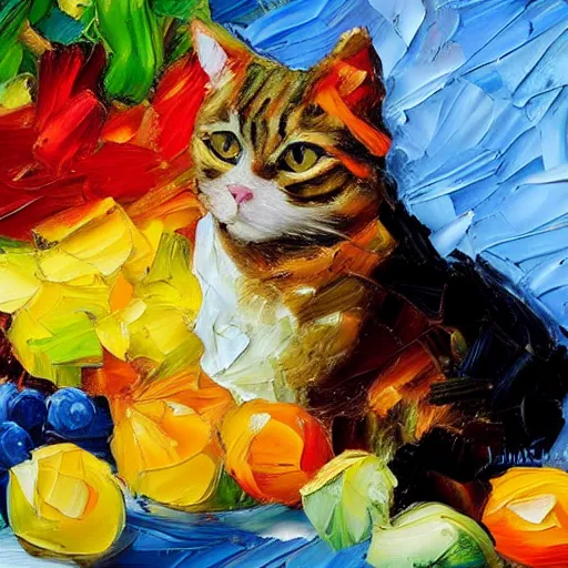 Prompt: palette knife oil painting of a cat wearing a gloves and a tutu, sitting on a mountain of fruit