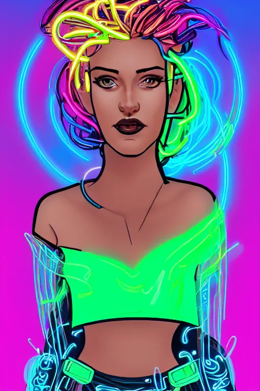 Prompt: a award winning portrait of a beautiful woman with stunning eyes in a one off shoulder crop top and cargo pants with rainbow colored hair, outlined by whirling illuminated neon lines and fine lines swirling in circles by marvel comics, digital art, trending on artstation