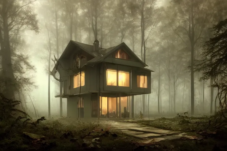 Image similar to a 1 9 5 0 s luminous house in the middle of a dark, gloomy, misty forest enveloped in moss and bark, illustrated by greg rutkowski and gaston bussiere, trending on artstation, intricately defined, complexly detailed, cgsociety contest winner, zbrush, mannerism, 4 k, grim lighting, misty atmosphere