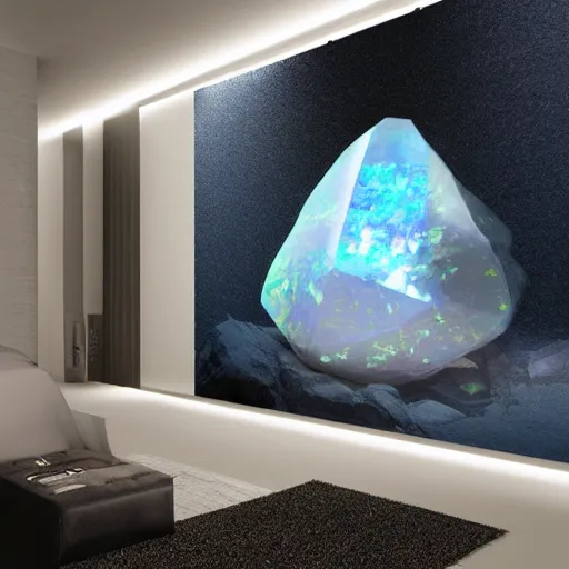 Image similar to a giant gemstone mineral in a dark blank room with Opal gemstone, professional digital matte painting.