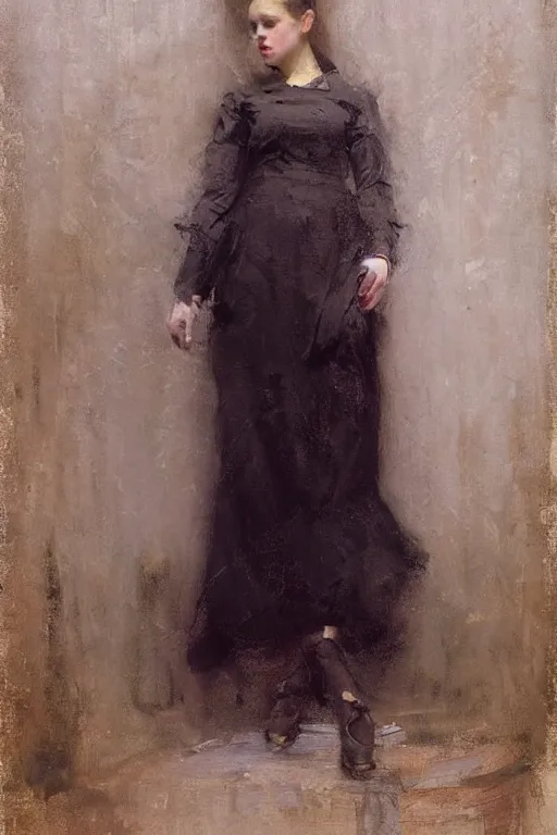 Image similar to Richard Schmid and Jeremy Lipking victorian genre painting full length portrait painting of a young beautiful woman