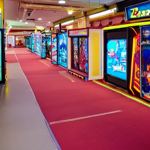 Image similar to an empty arcade with only one arcade game left, and a door to the left with an exit sign above it, the carpet is brown