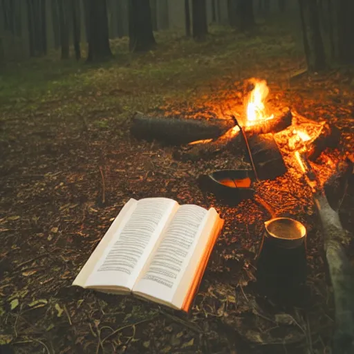 Prompt: studio photography of a book next to a campfire, nightime, spooky woods, fog, scary, horror, frightening