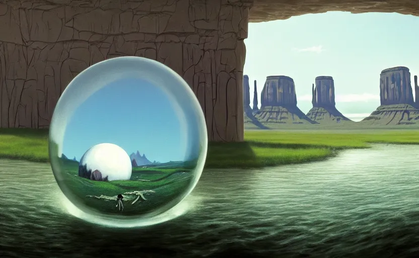 Image similar to a scary hyperrealist painting of a tribal elder in a giant transparent forcefield crystal ball from howl's moving castle ( 2 0 0 4 ) in a flooded monument valley stonehenge jungle. depth perception, 4 k, artstation, in the style of studio ghibli