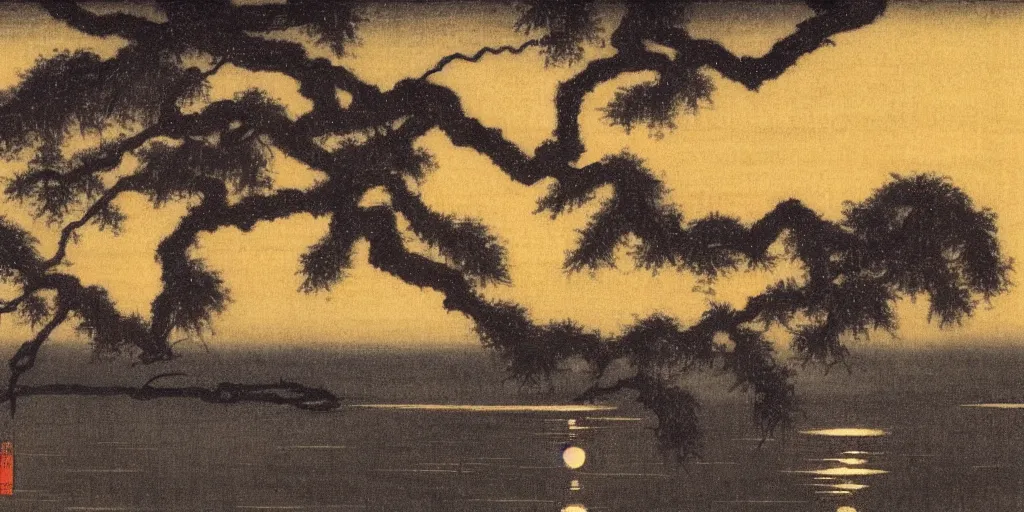 Image similar to savannah at night by ohara koson, 1 9 1 0