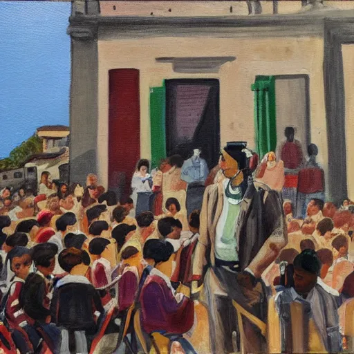 Image similar to teenegers with phones as head stend in front of a school in genoa. painting