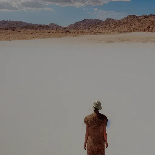 Image similar to a woman made of salt, standing in the desert