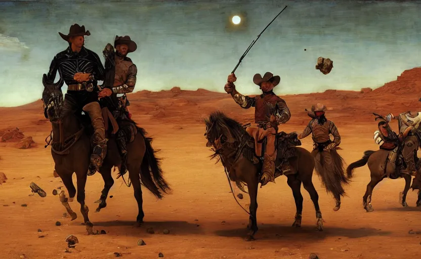 Image similar to a cowboy shootout on mars by edgar maxence and caravaggio and michael whelan and delacroix style, artistic, intricate painting, cinematic lighting, hyper realistic, extremely detailed, establishing shot, 8 k resolution, dramatic lighting