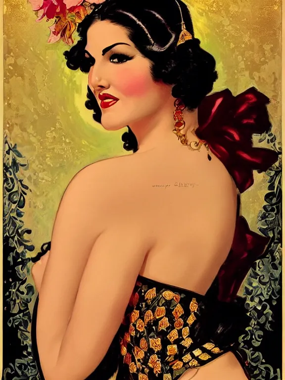 Image similar to sunny leone, a beautiful art nouveau portrait by Gil elvgren and Jim mahfood, 1920s city environment, centered composition, defined features, golden ratio, gold jewlery, photorealistic professional lighting, cinematic