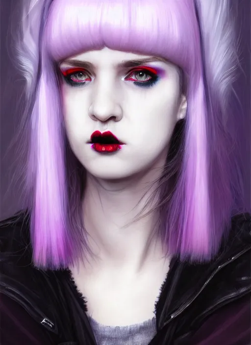 Image similar to portrait of white teenage girl, normal face, white bangs, mall goth, cyberlox, black and white hair, bangs, fluffy bangs, red contact lenses, purple lipstick, intricate, elegant, highly detailed, digital painting, artstation, concept art, sharp focus, smooth, illustration, art by wlop, mars ravelo and greg rutkowski