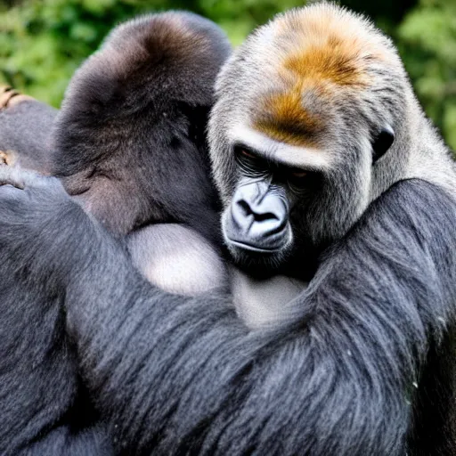 Prompt: a gorilla hugging a tiger,