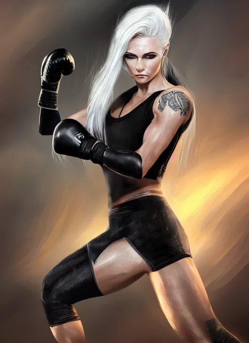 Prompt: a highly detailed illustration of fierce ponytail platinum blonde woman wearing black mma gear and gloves, dramatic boxing stance pose, fairly muscular, athletic, intricate, elegant, highly detailed, centered, digital painting, artstation, concept art, smooth, sharp focus, league of legends concept art, WLOP