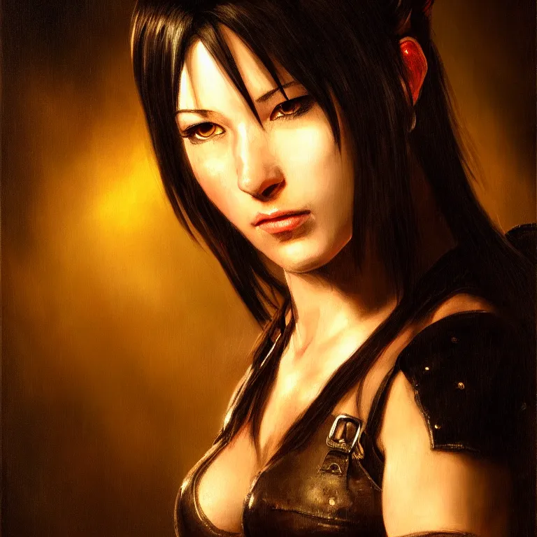 Prompt: tifa lockhart portrait, atmospheric lighting, painted, intricate, highly detailed by rembrandt