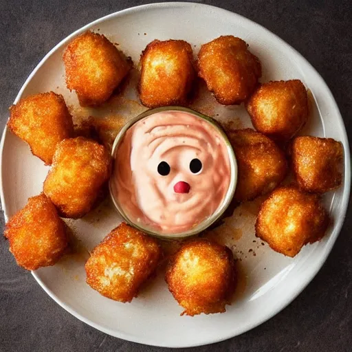 Image similar to food photo of channing tatum's face as giant tater tot on a plate with ketchup