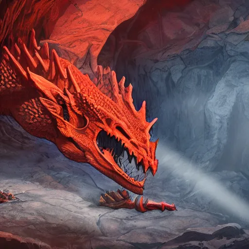 Image similar to photo of a large red scaly dragon sleeping on a giant pile of human bones in a dark dusty cave with a ray of light shining on it\'s face. Very detailed 8k. fantasy