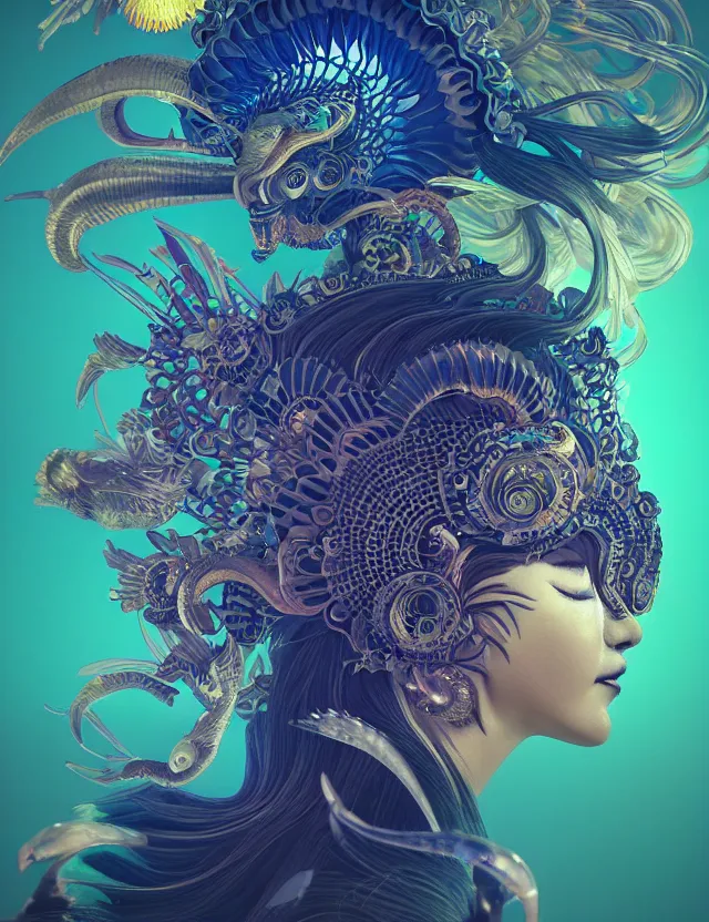 Image similar to 3 d goddess close - up profile solarpunk portrait ram skull. beautiful intricately detailed japanese crow kitsune mask and clasical japanese kimono. betta fish, jellyfish phoenix, bio luminescent, plasma, ice, water, wind, creature, artwork by tooth wu and wlop and beeple and greg rutkowski