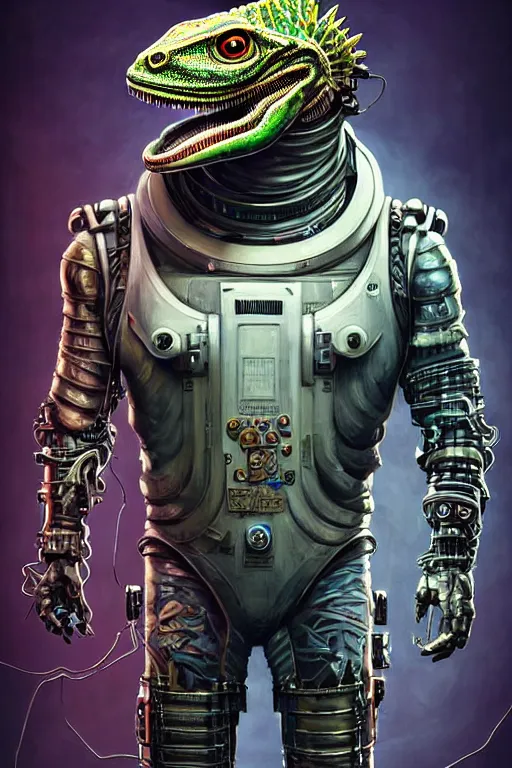 Prompt: a portrait of a muscular anthropomorphic cyberpunk basilisk lizard with big head in spacesuit armor with ensignia on chest plate by sandra chevrier, by jon foster, detailed render, pistol in holster, tape deck, epic composition, cybernetics, 4 k realistic, cryengine, realistic shaded lighting, sharp focus, masterpiece, by enki bilal