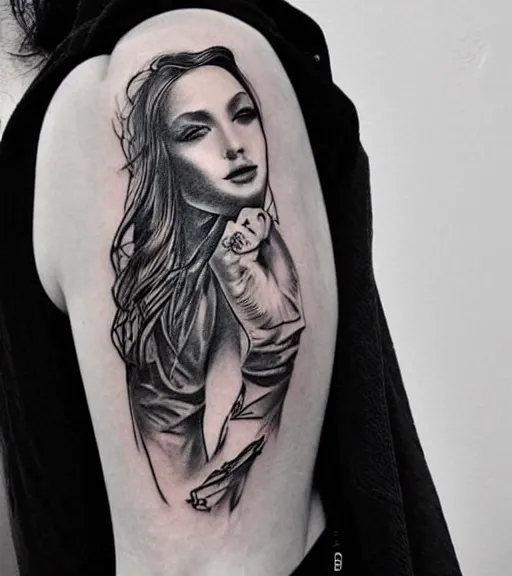 Image similar to tattoo design sketch of a beautiful woman portrait against a background of beautiful mountains and nature, hyper - realistic, in the style of den yakovlev, amazing detail, black and white