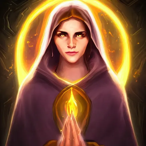 Prompt: beautiful holy female wizard, yellow lighting, emma watson face, in hearthstone art style, epic fantasy style art, fantasy epic digital art, epic fantasy card game art