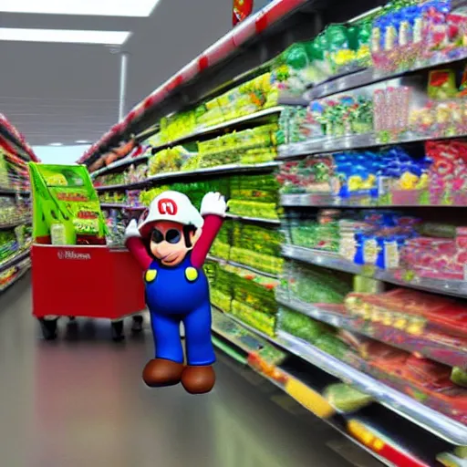 Image similar to Super Mario shopping in Tesco, photograph, photorealistic, picture, supermarket, store
