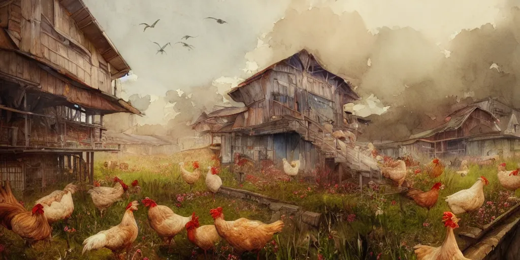 Prompt: a beautiful insanely intricate watercolor illustration of a poultry farm, colorfull, by william turner art, by greg rutkowski, by james jean, by rossdraws, by frank franzzeta, by sakimichan, by edmund dulac, trending on artstation, insanely detailed, masterpiece,