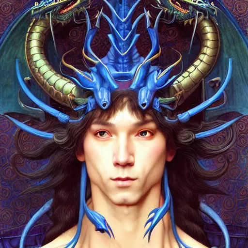 Image similar to half length portrait of a medieval fantasy anthropomorphic male blue dragon with electrcity magic, fantasy, d & d, high details, art by ( ( ( kuvshinov ilya ) ) ) and wayne barlowe and gustav klimt and artgerm and wlop and william - adolphe bouguereau