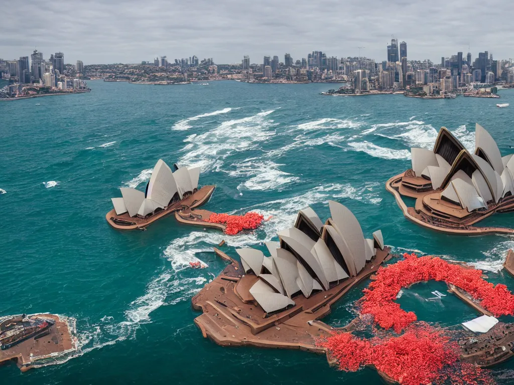 Prompt: a helicopter shot of the sydney opera house with a massive sea monster made of colorful coral surfacing in the water, epic vfx shot, waves, splashing water, cinematic lighting, shot from helicopter, sony 2 4 mm f 8. 0, godzilla, creature from the black lagoon