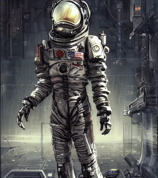 Prompt: realistic cyberpunk engineer with long limbs and a black spacesuit on a spacewalk, techwear, dead space, visible face, Industrial Scifi, detailed illustration, character portrait, by Ashley Wood and Moebius