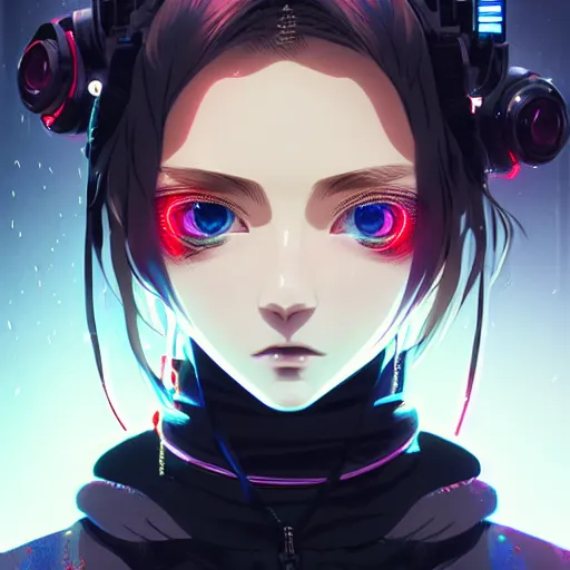 Image similar to by kyoto animation, cool girl wearing cyberpunk intricate streetwear, beautiful, detailed symmetrical close up portrait, intricate complexity, in the style of artgerm and ilya kuvshinov, cell shaded, 4 k, concept art, by wlop, krenz cushart, greg rutkowski, pixiv. cinematic dramatic atmosphere, cinematic lighting, studio quality