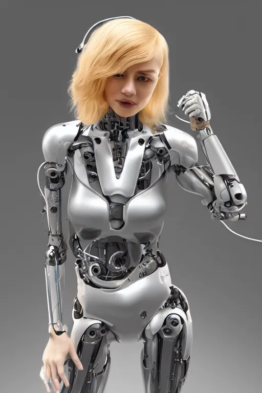 Image similar to a beautiful woman with blonde hair wearing robot suit with wires and light, highly detailed, photorealistic, artstation, smooth