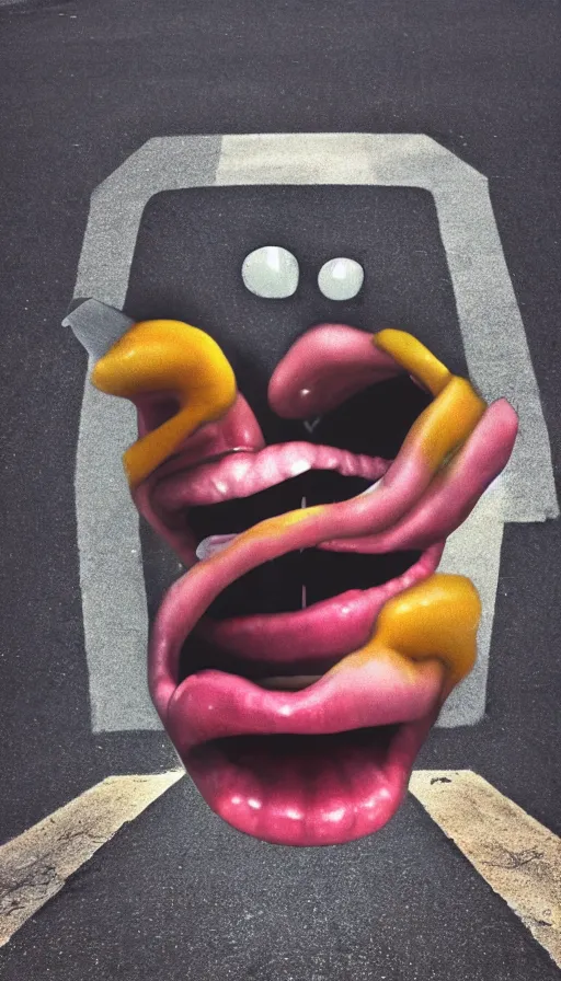 Image similar to phone photo of a giant mouth open on an asphalt road, realistic photo, gopro, looming, colorful, eerie