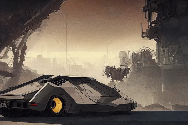 Image similar to dieselpunk countach, highly detailed, digital painting, artstation, concept art, sharp focus, illustration, art by raphael lacoste and greg rutkowski