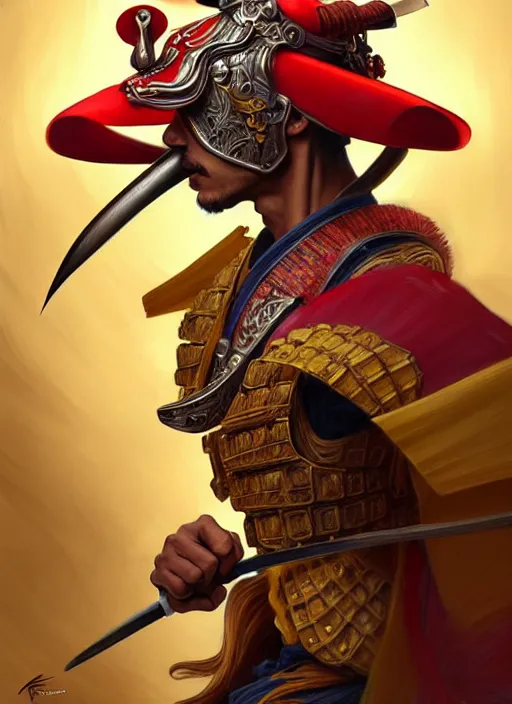 Image similar to a anthropomorphic banana wearing samurai armor, diffuse lighting, fantasy, intricate, elegant, highly detailed, lifelike, photorealistic, digital painting, artstation, illustration, concept art, smooth, sharp focus, art by frank frazetta and marco bucci and loish and rossdraws and artgerm and alphonse mucha