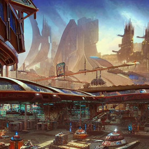 Prompt: a medieval marketplace next to a cyberpunk spaceport spaceship dock. used future aesthetic. digital matte painting by james gurney and david mattingly.