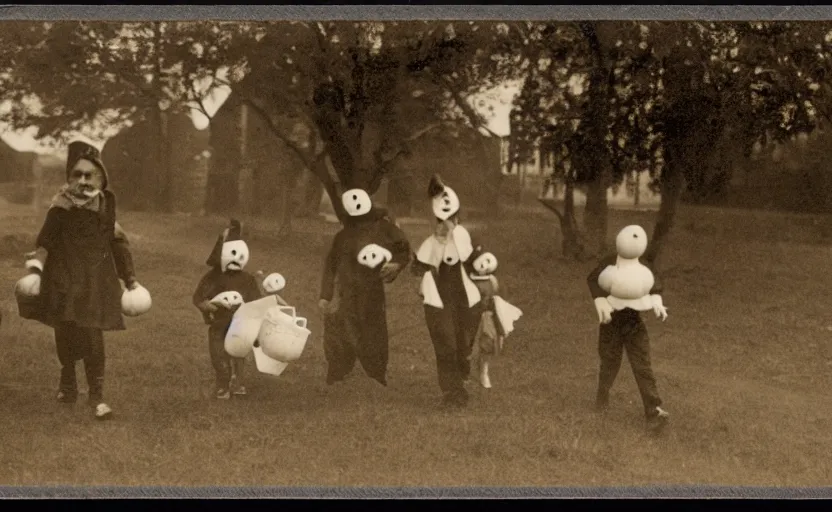 Image similar to Vintage postcard of children trick-or-treating, hi-res scan, stark composition, sepia tone, eerie lighting,