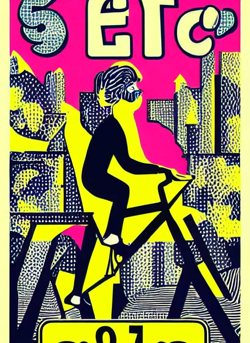 Image similar to Party poster illustration: Moustache, 40th birthday, 70s disco, jumpsuits, bicycle, Egypt in the style of Roy Lichtenstein